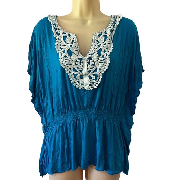 AGB Size S Peacock Blue Knit Top with White Lace Appliqué Elastic Waist - Picture 1 of 11